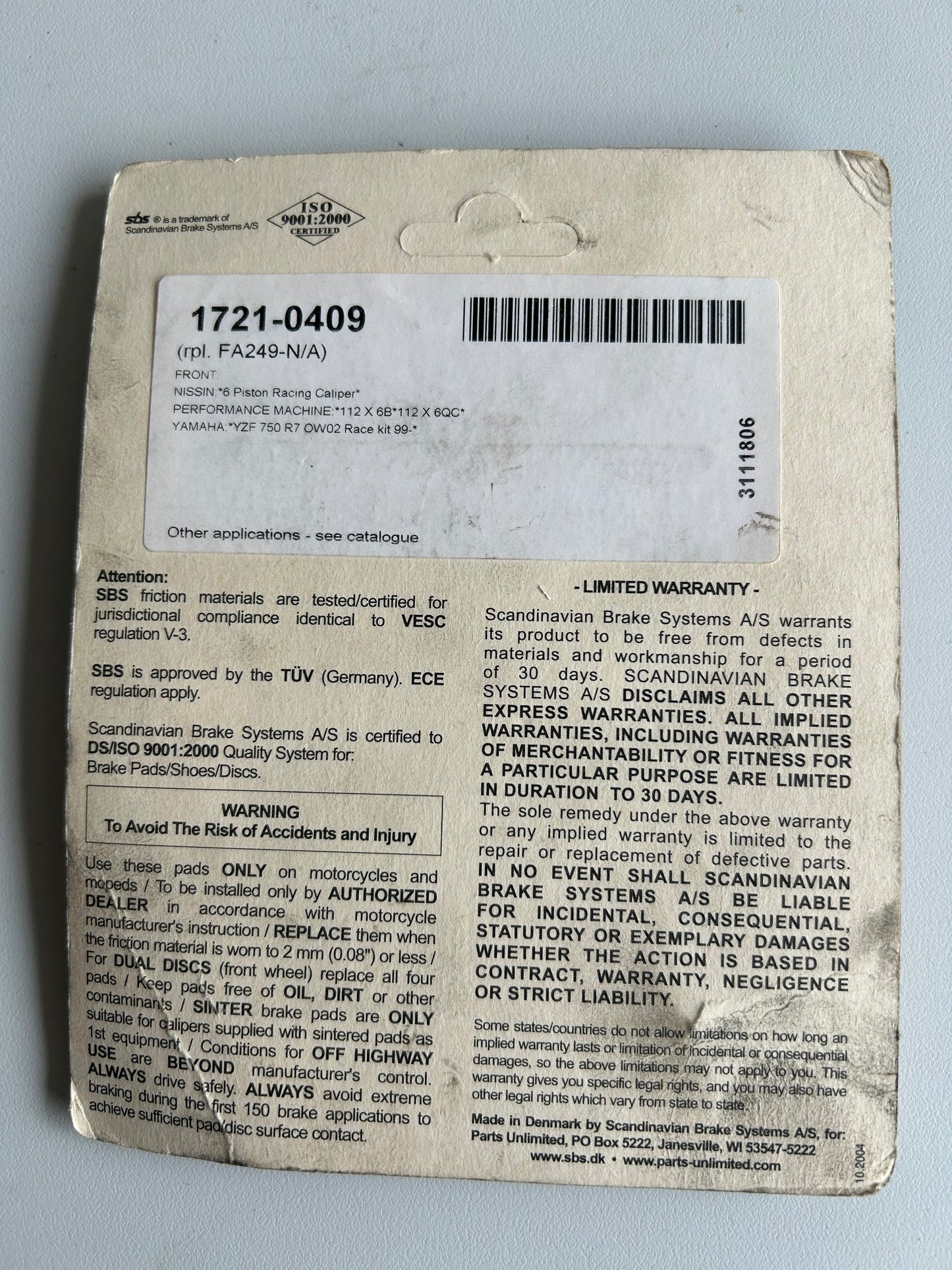 Harley Davidson Performance Machine front brake pad set REF 1721-0409