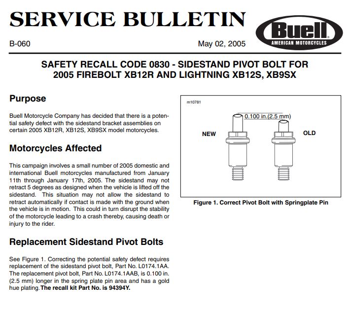 Buell kickstand axle recall code 0830 REF OEM 94394Y