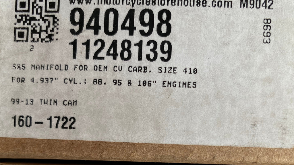 Pipe d'admission S&S 410 Twin Cam carburateur Harley Davidson REF S&S 160-1722
