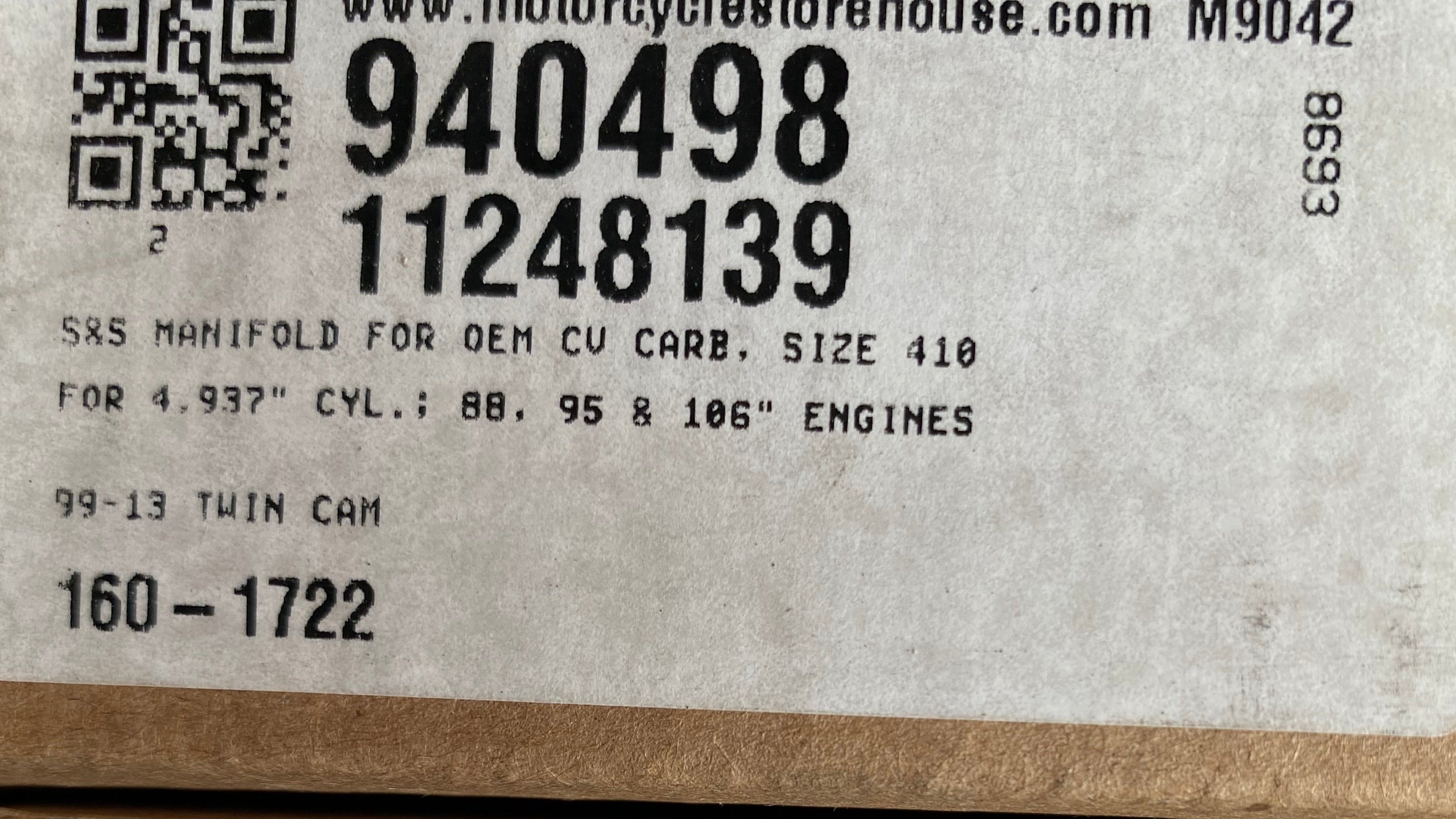 Pipe d'admission S&S 410 Twin Cam carburateur Harley Davidson REF S&S 160-1722