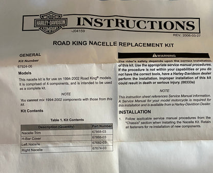 Kit nacelle de Road King Harley chrome Davidson REF OEM : 67924-06