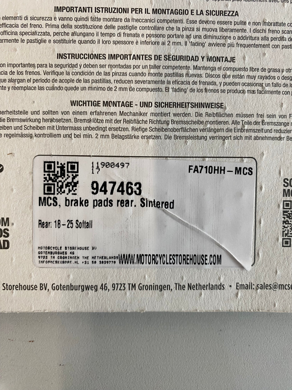 Jeu de plaquettes de frein arrière Softail Harley Davidson REF MCS 947463