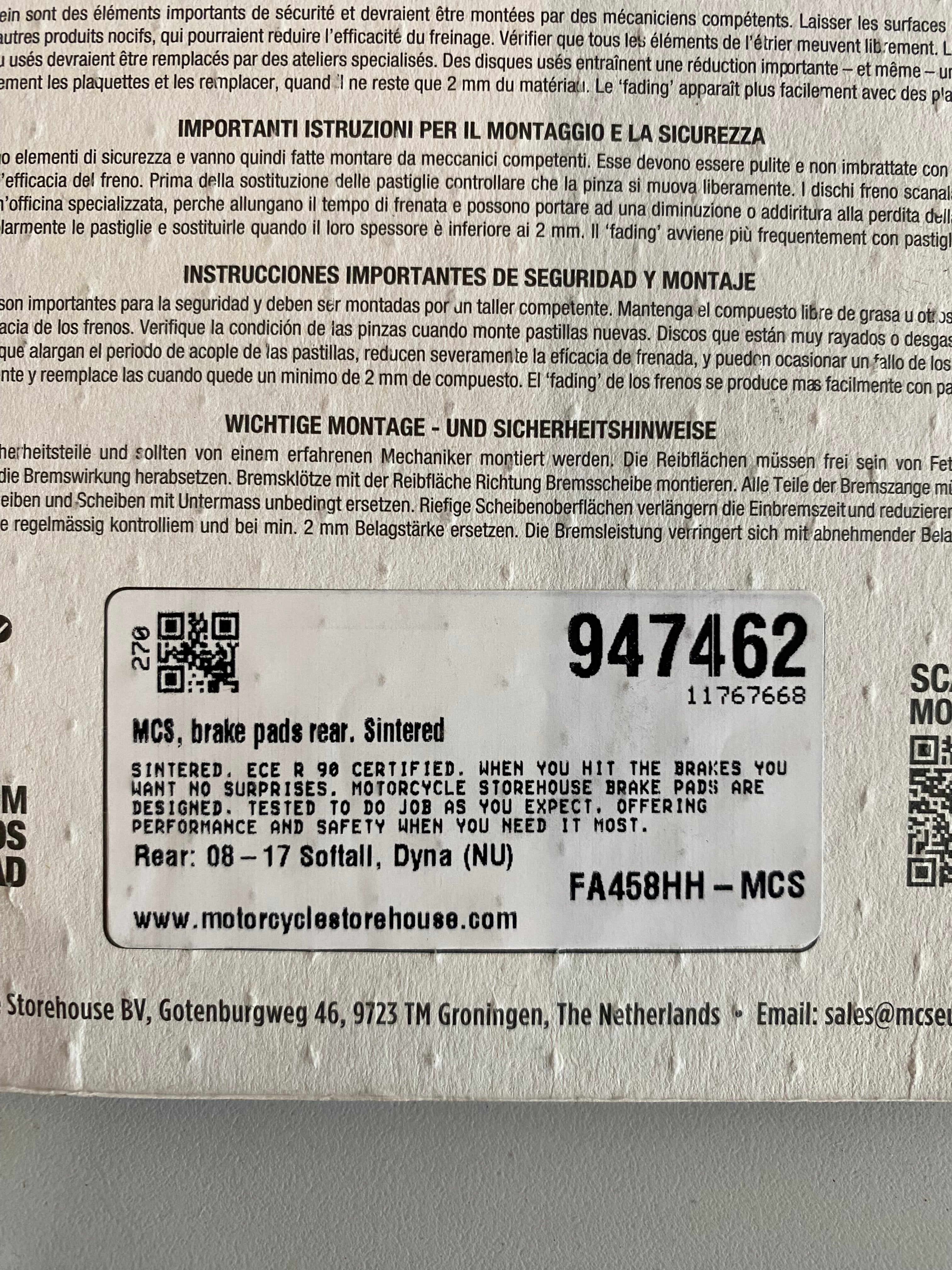 Jeu de plaquettes de frein arrière Softail & Dyna Harley Davidson REF MCS 947462