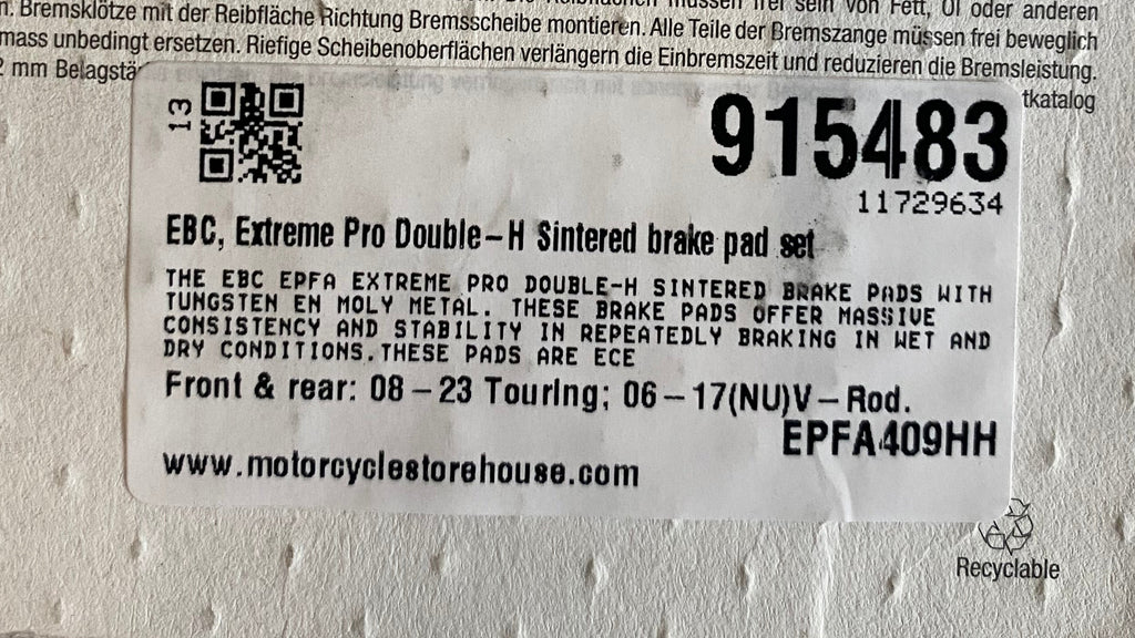 Jeu de plaquettes de frein EBC Touring Harley Davidson REF MCS 915483