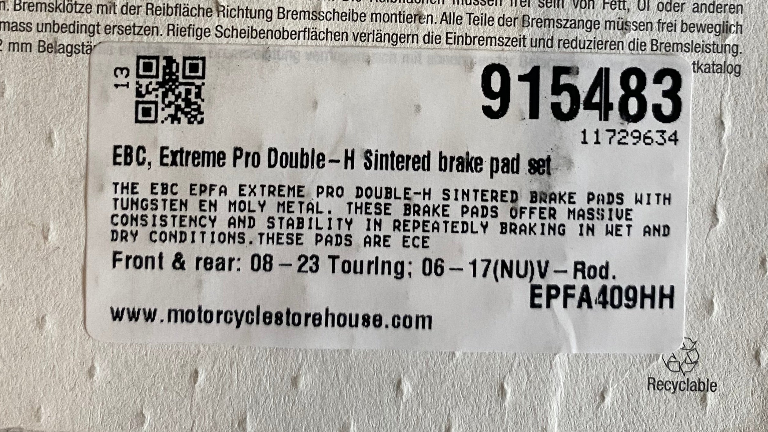 Jeu de plaquettes de frein EBC Touring Harley Davidson REF MCS 915483