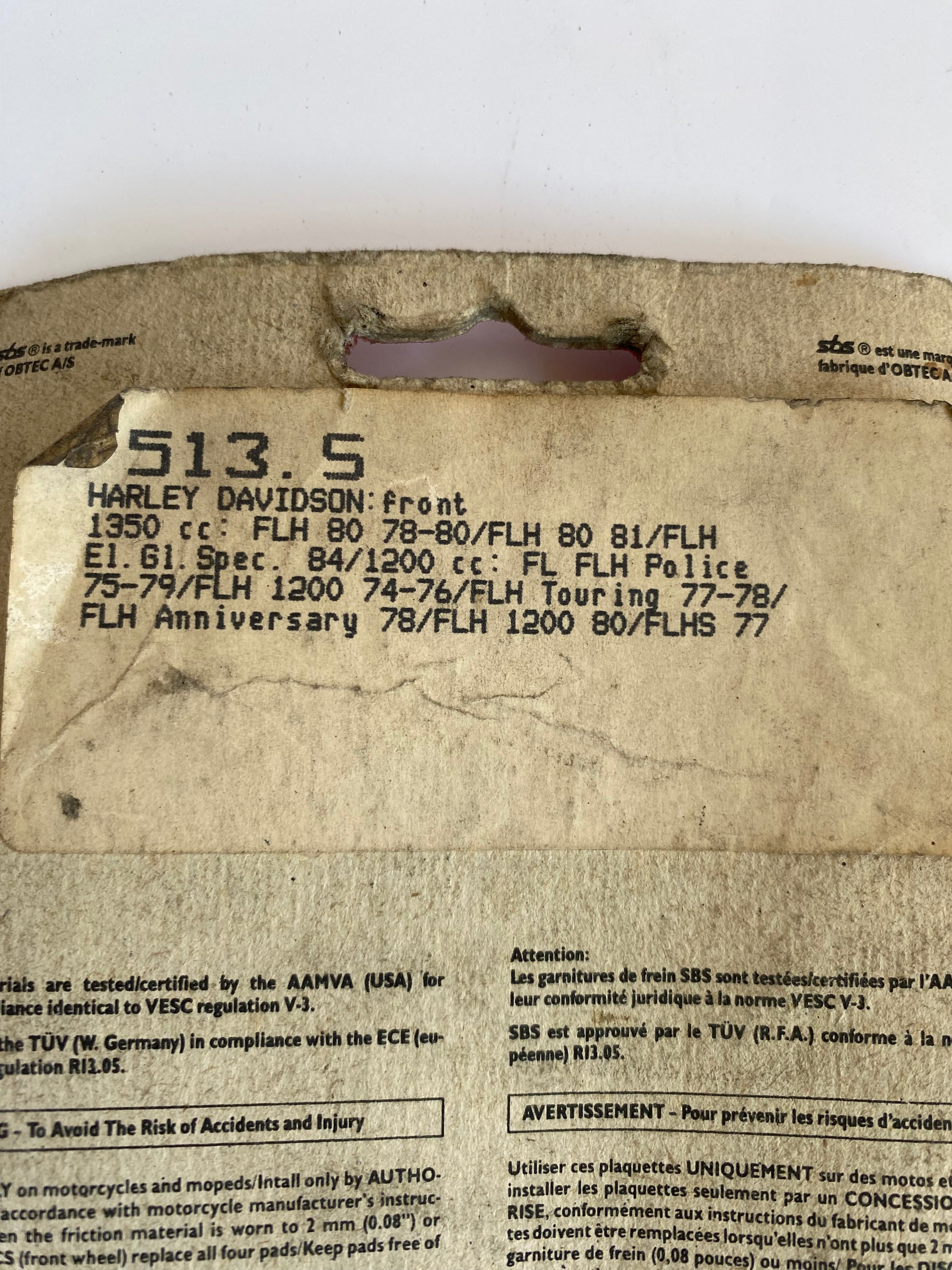 Jeu de plaquettes de frein SBS Harley Davidson REF OEM 44135-74A