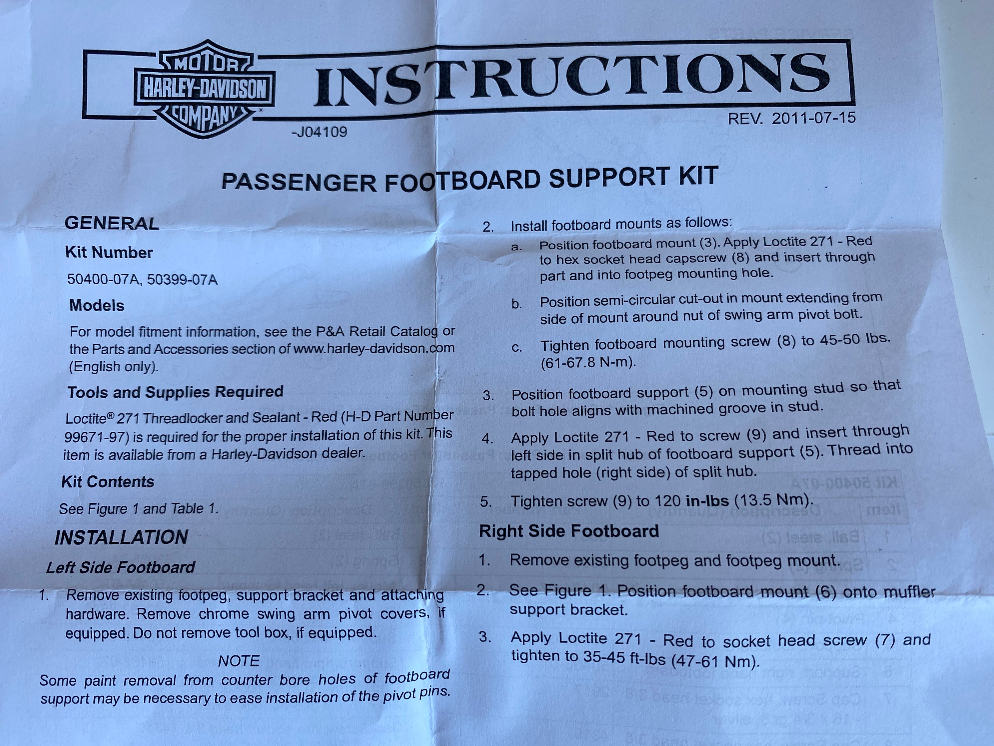 Kit de supports de marches pieds passager Softail Fat Boy Harley Davidson REF 50399-07A