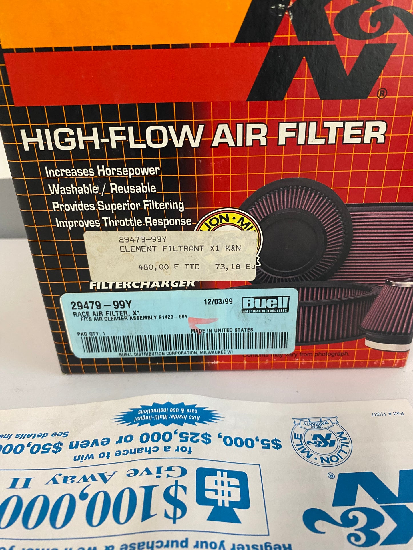 Filtre à air KN BUELL REF OEM :29479-99Y