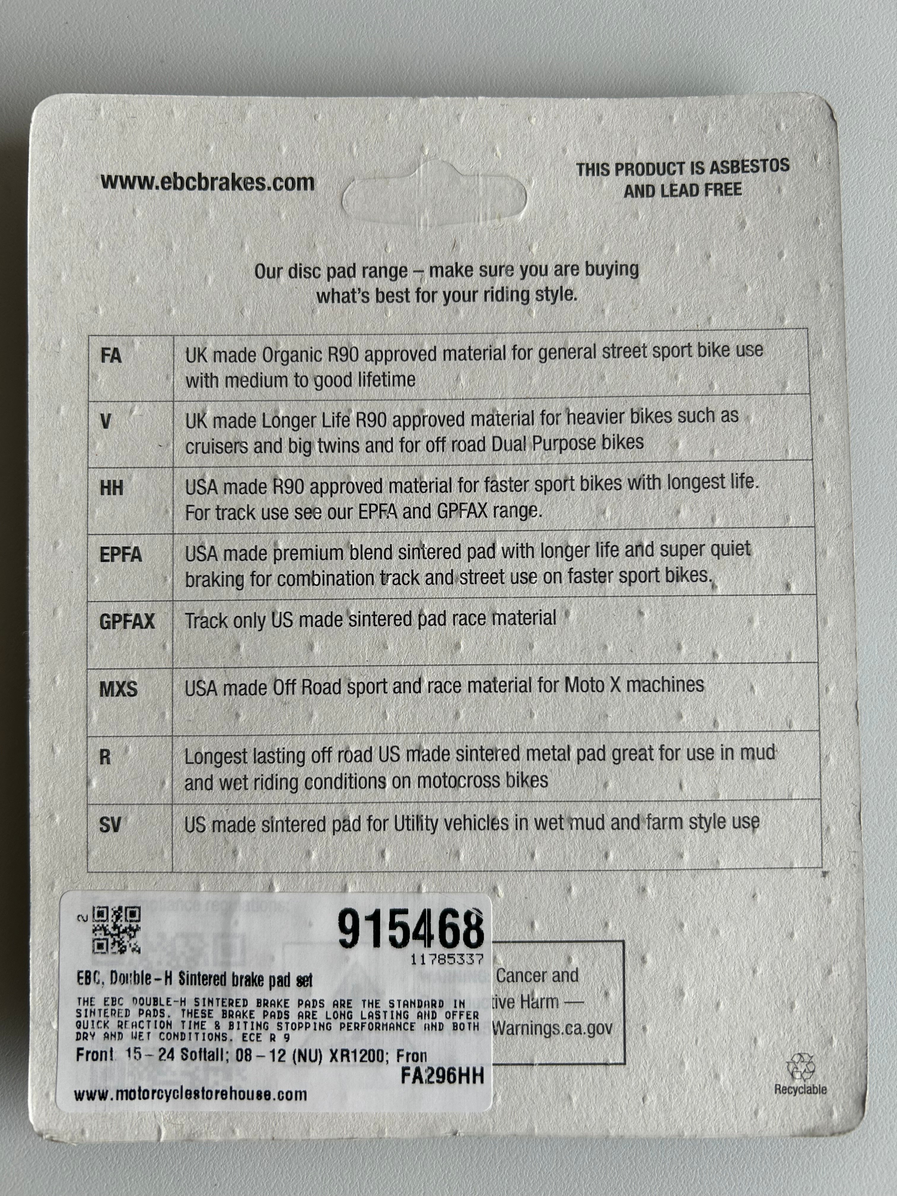 EBC Double H Harley Davidson front brake pad set REF MCS 915468