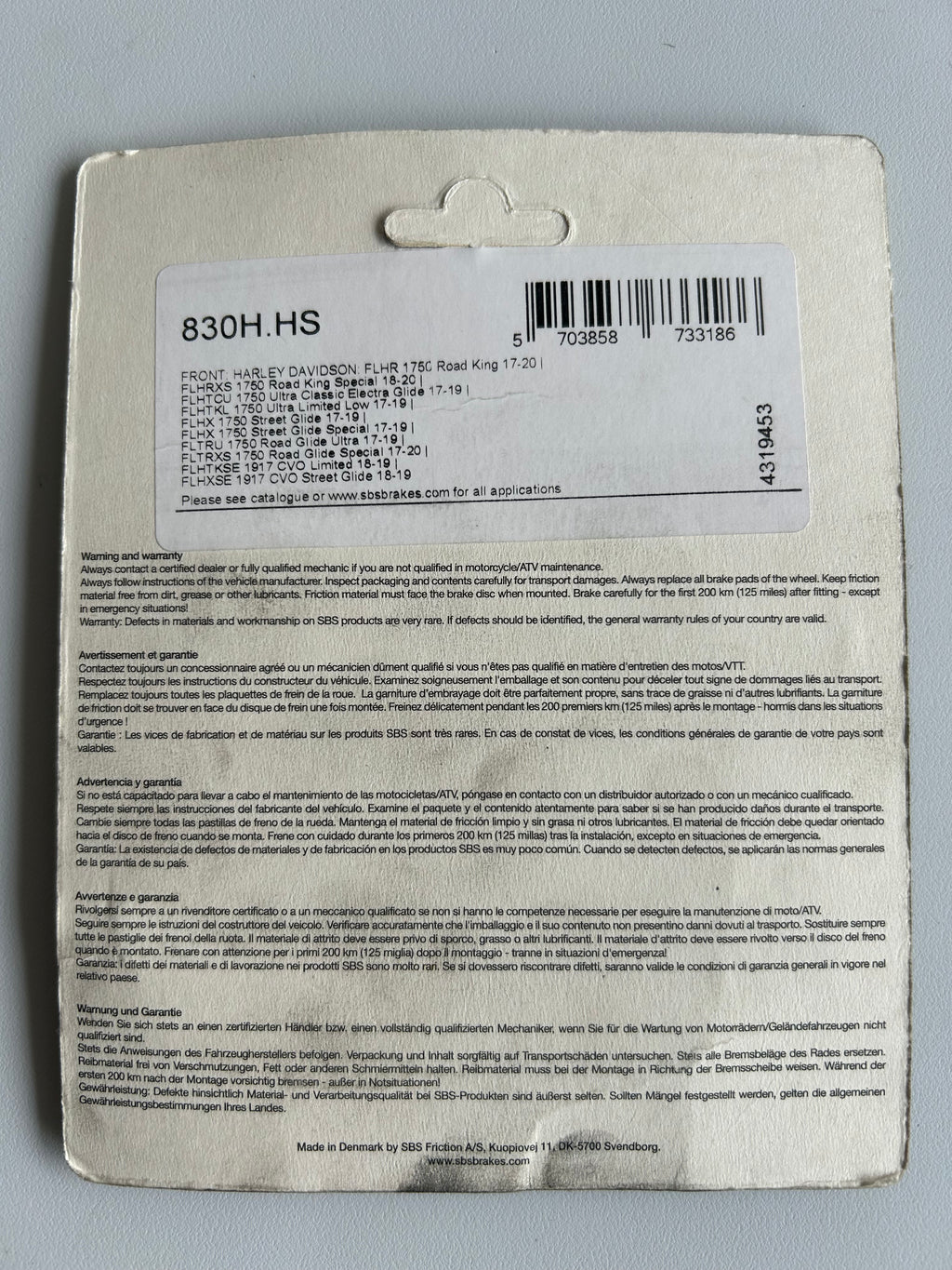 jeu de plaquettes frein avant et arrière SBS Harley Davidson REF WW 28-148