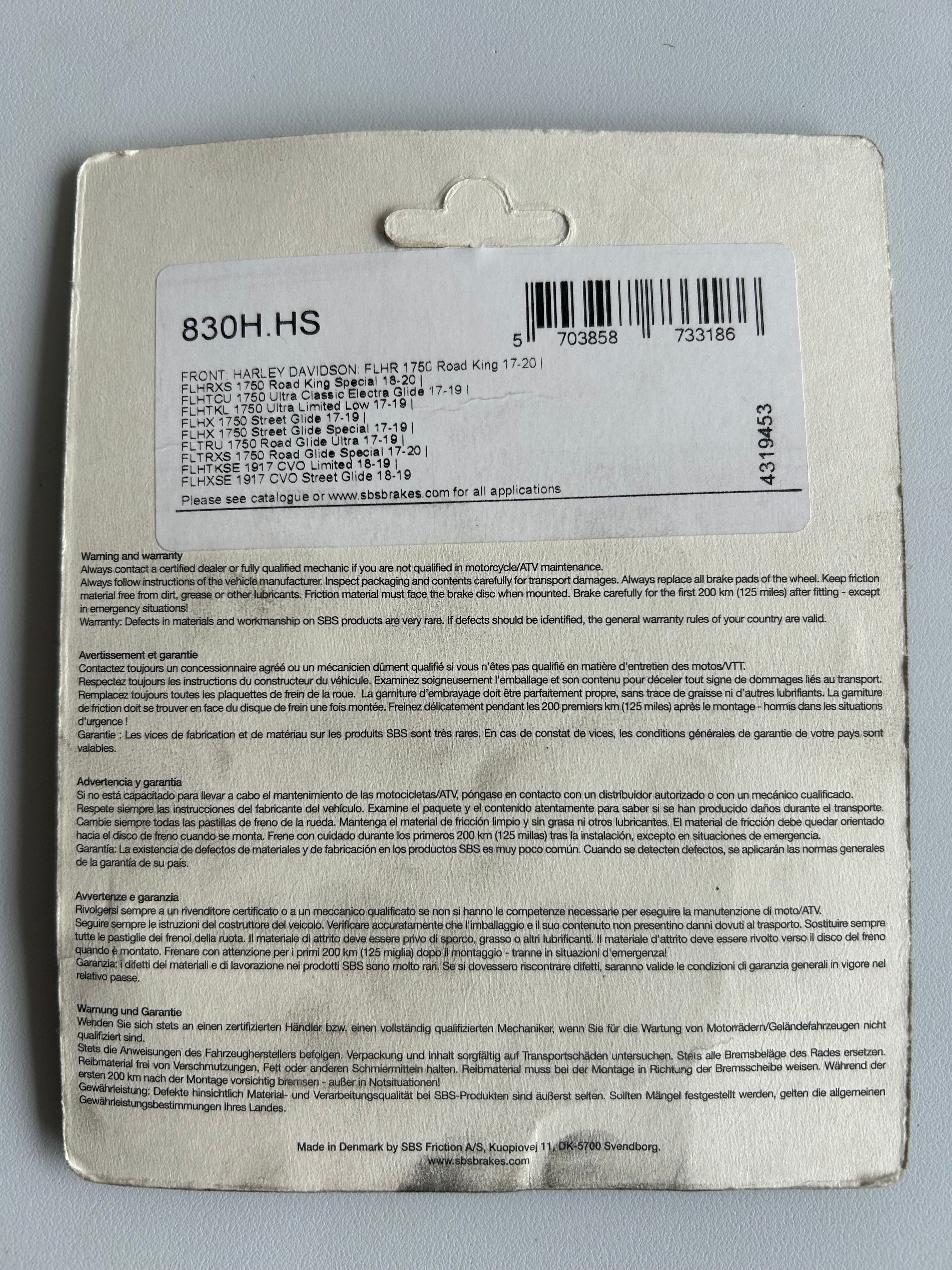 jeu de plaquettes frein avant et arrière SBS Harley Davidson REF WW 28-148