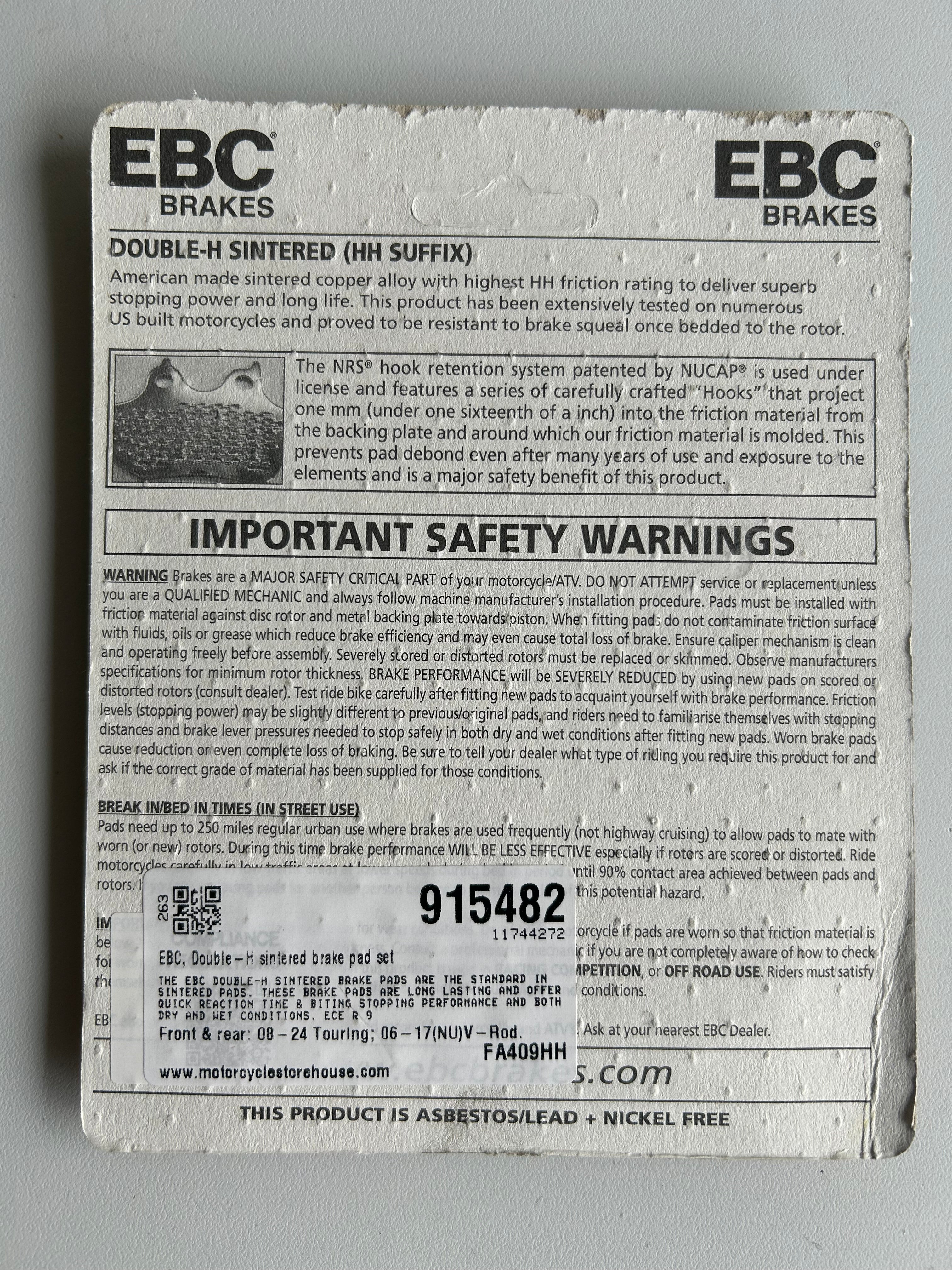 Jeu de plaquettes frein avant et arrière EBC double H Harley Davidson REF MCS 915482
