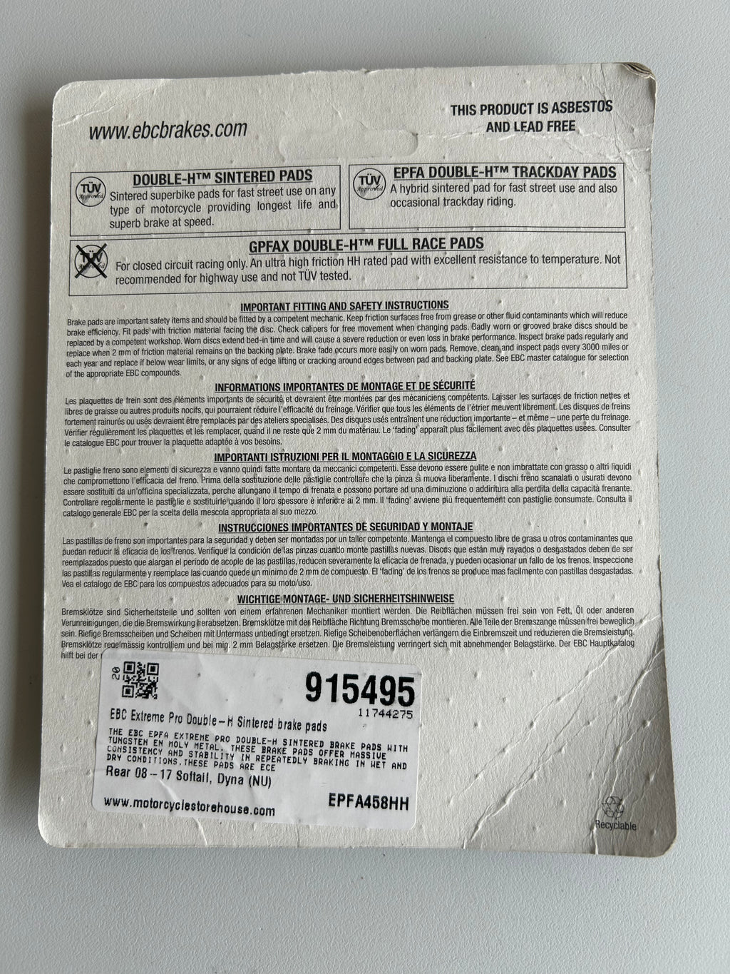 jeu de plaquettes de frein arrière EBC Double H PRO Harley Davidson REF MCS 915495