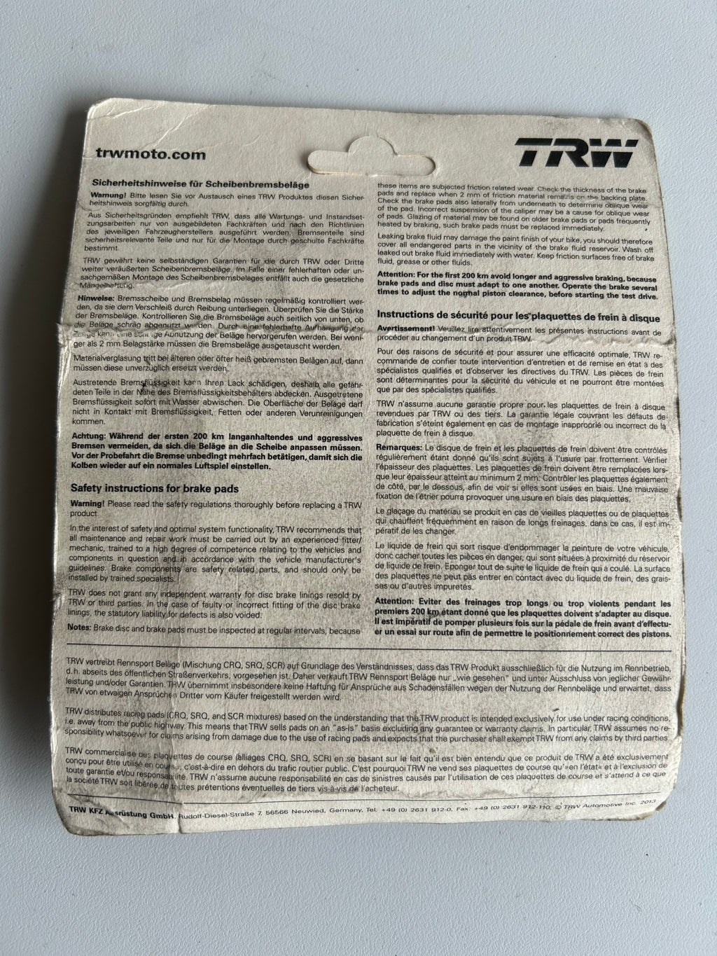 jeu de plaquettes de frein arrière TRW TRI GLIDE Harley Davidson REF MCB866SH