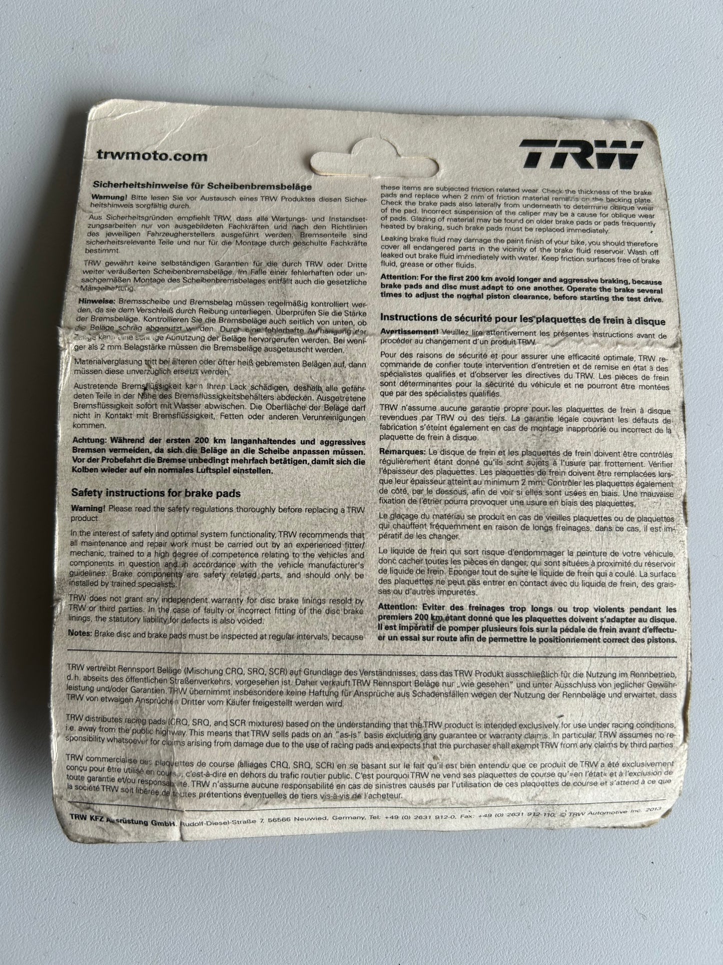 jeu de plaquettes de frein arrière TRW TRI GLIDE Harley Davidson REF MCB866SH
