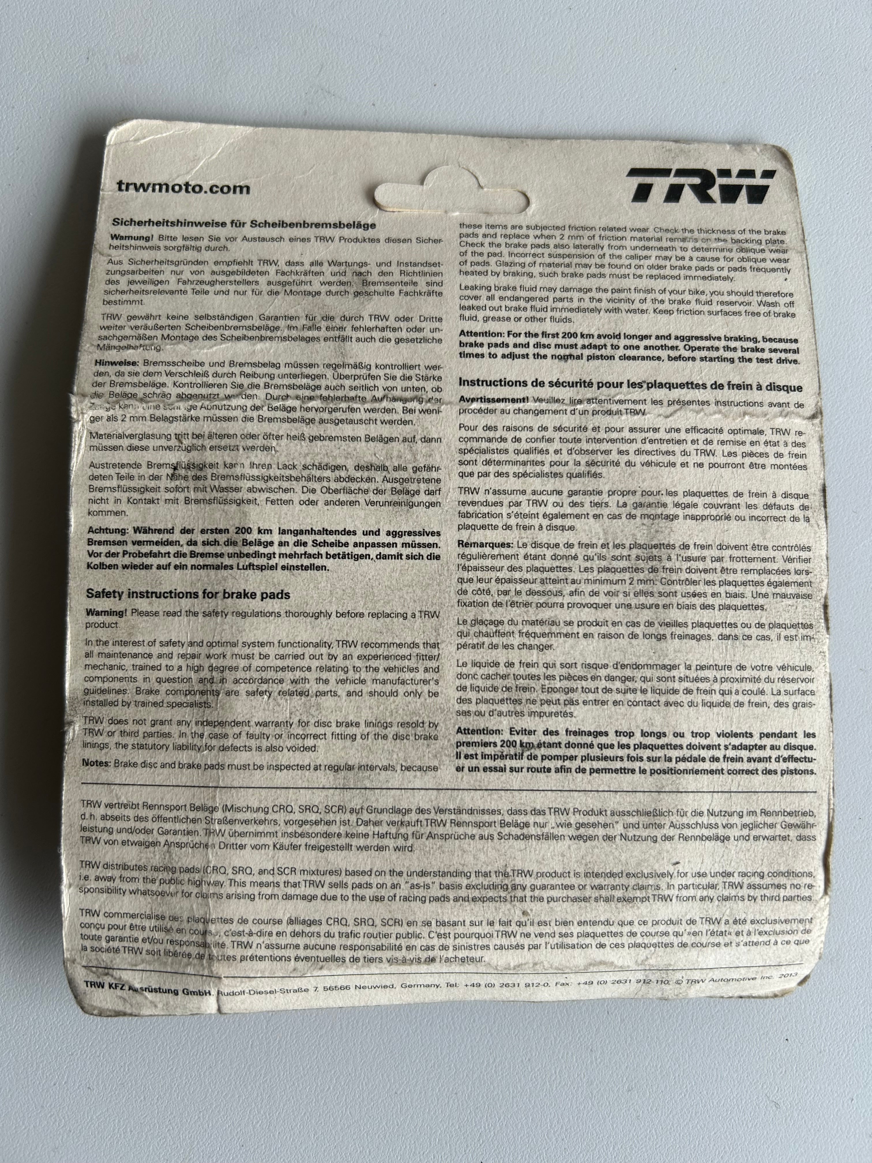 TRW TRI GLIDE Harley Davidson rear brake pad set REF MCB866SH