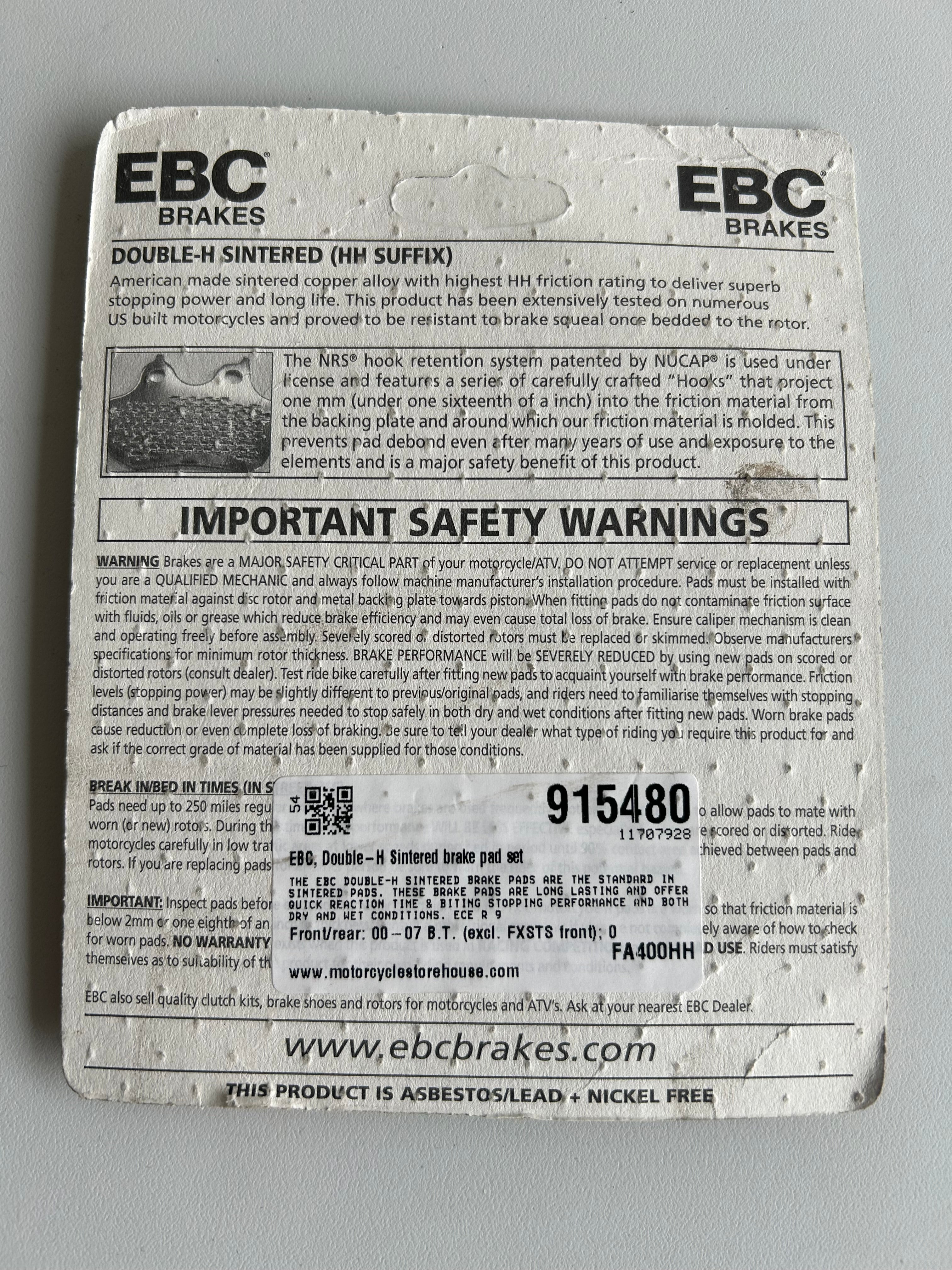 EBC Harley Davidson front and rear brake pad set REF MCS 915480