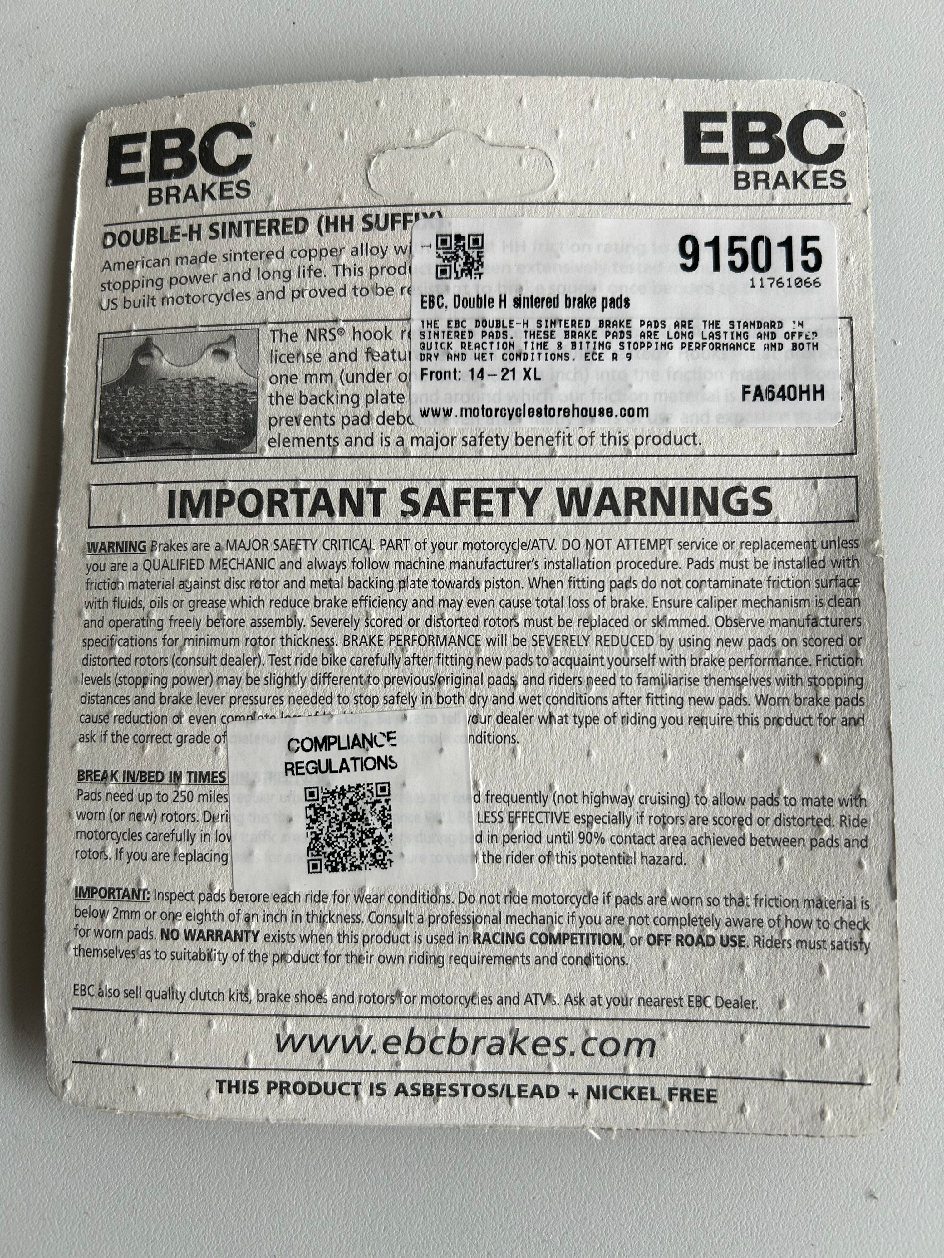 EBC Harley Davidson front brake pad set REF MCS 915015