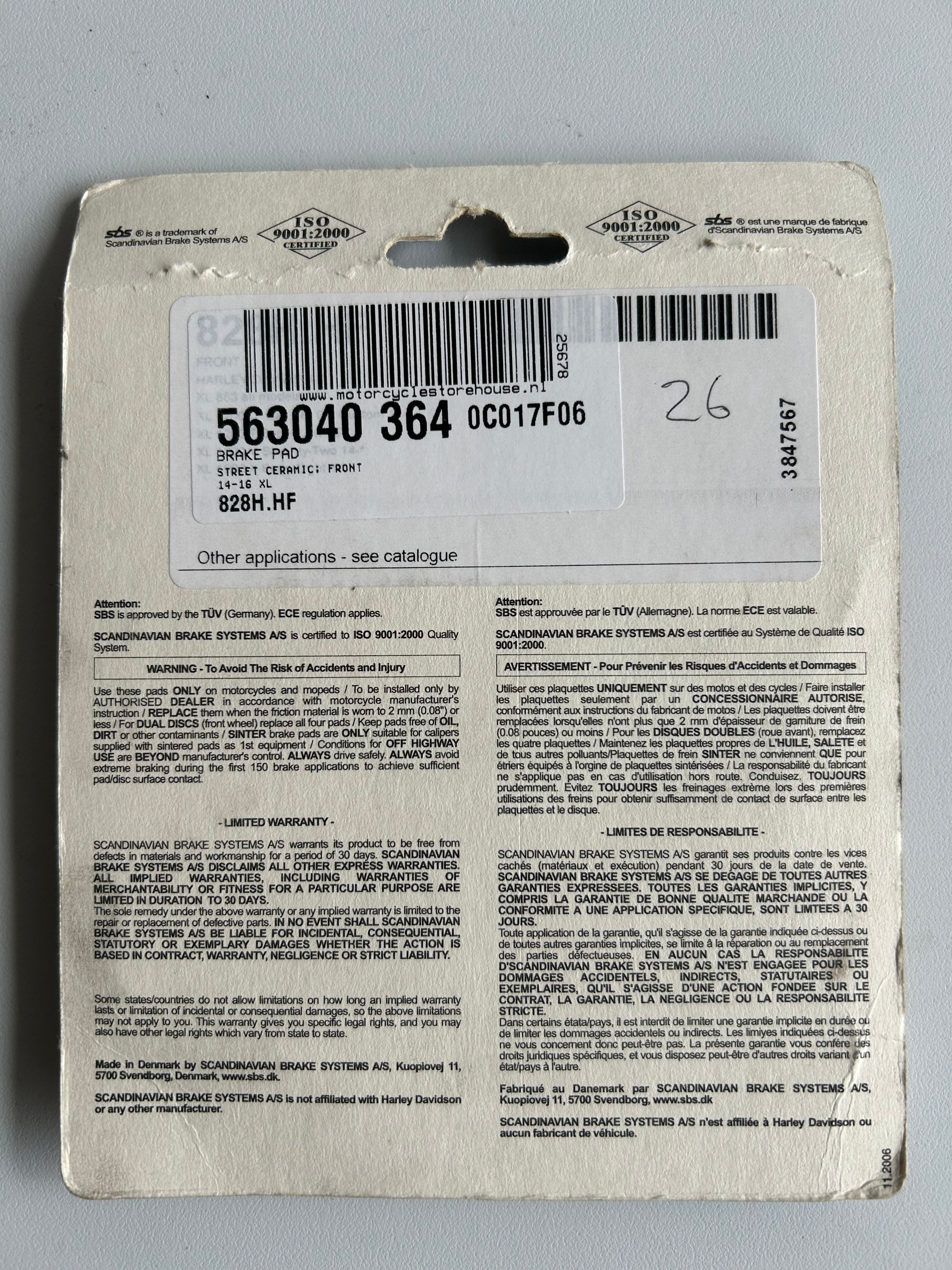 SBS Harley Davidson front brake pad set REF MCS 563040