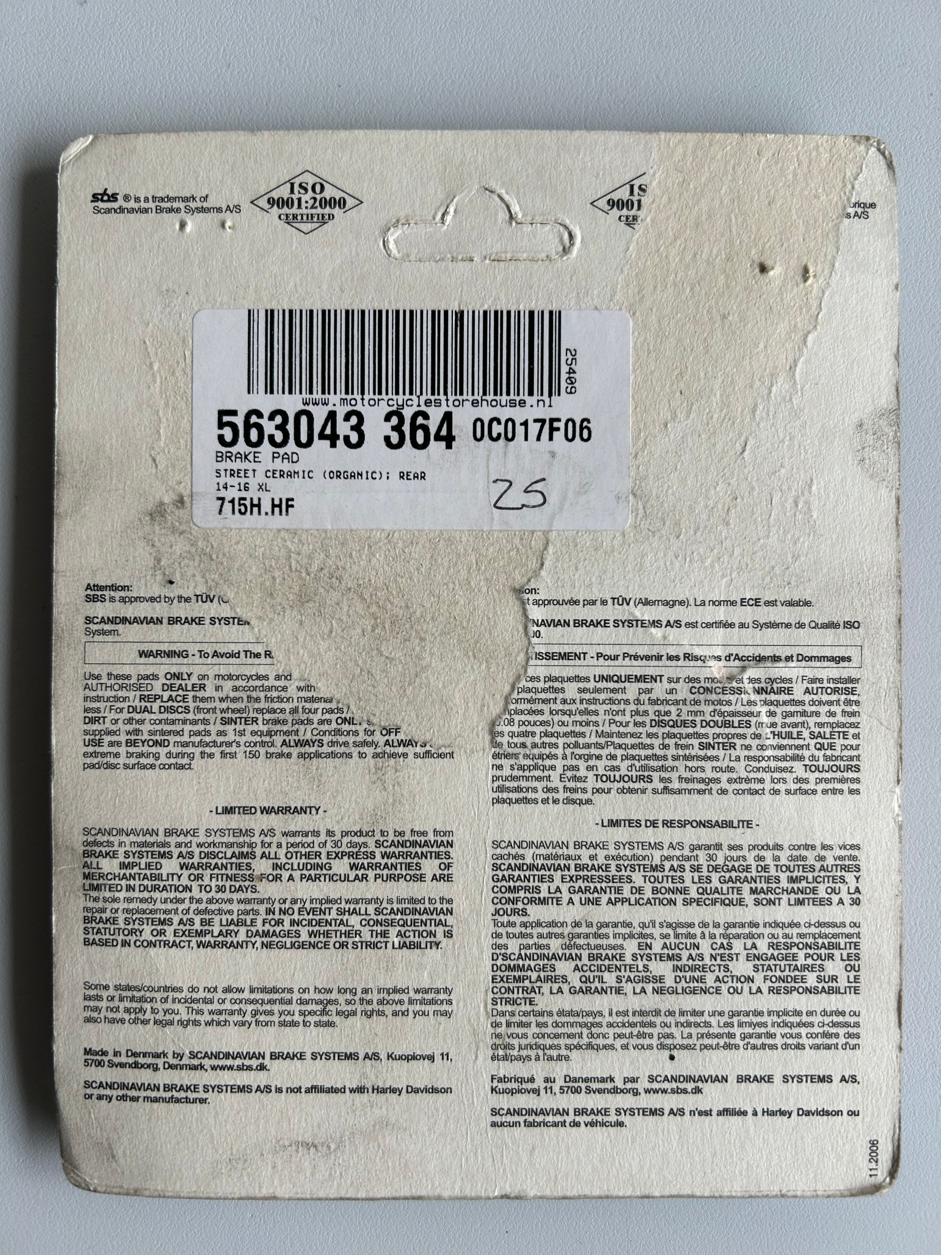 SBS Harley Davidson Rear Brake Pad Set REF MCS: 563043
