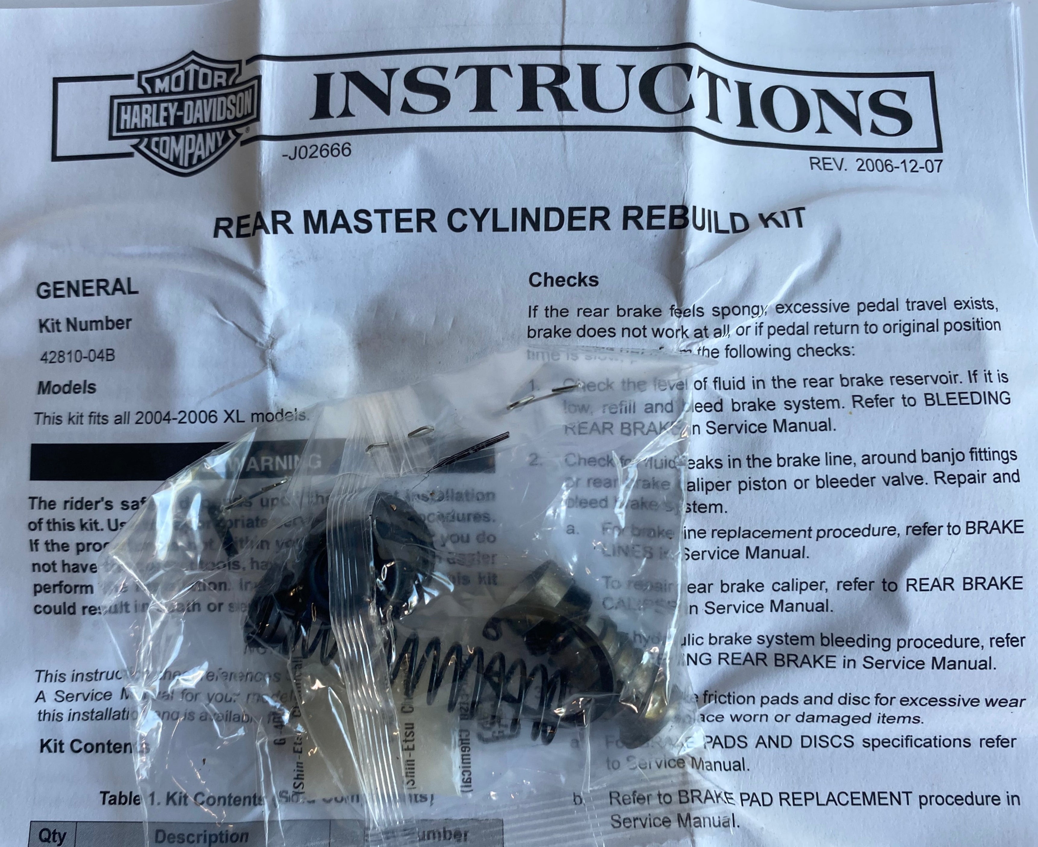 Harley Davidson Sportster Rear Brake Master Cylinder Repair Kit REF OEM 42810-04B