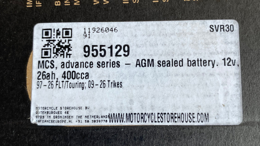 Batterie AGM 26ah et 400cca Touring Harley Davidson REF OEM 66010-97E / 66000212B