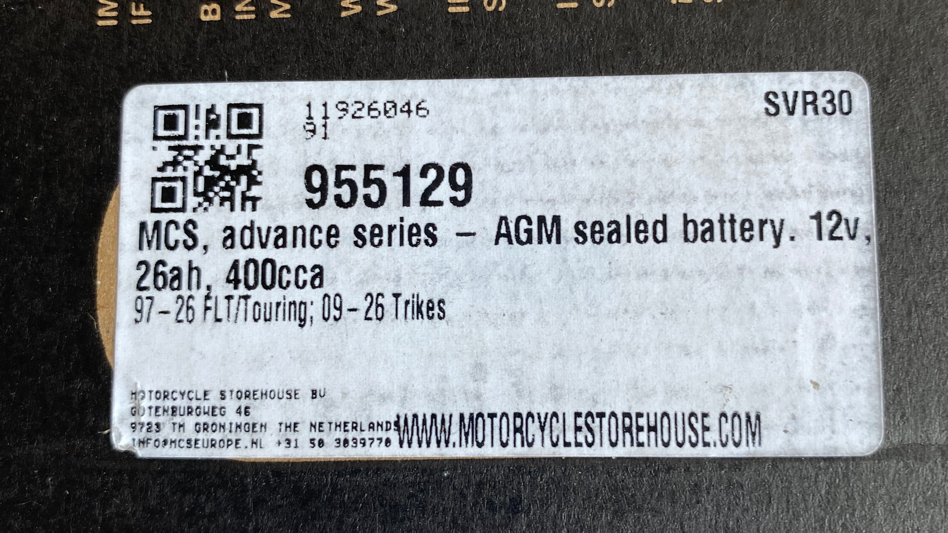 Batterie AGM 26ah et 400cca Touring Harley Davidson REF OEM 66010-97E / 66000212B