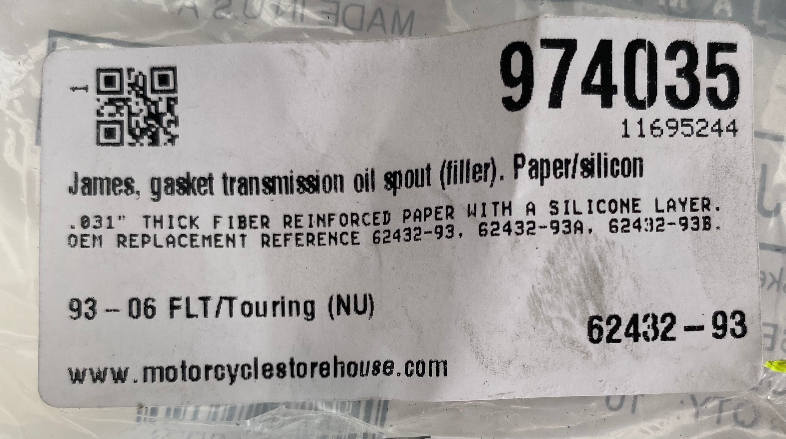 Joint carter remplissage huile moteur Touring Harley Davidson REF OEM 62432-93