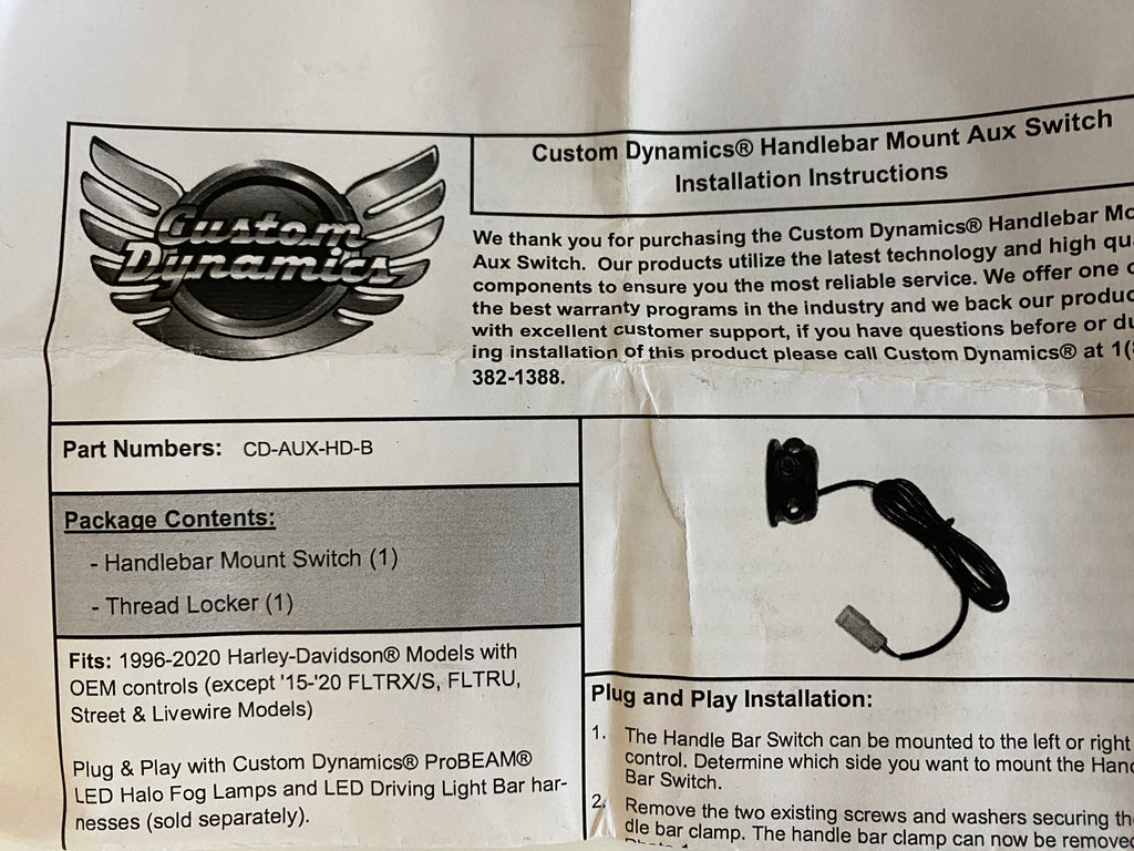 Custom Dynamics Harley Davidson Handlebar Switch On/Off, Drag Specialties P/N 2106-0581