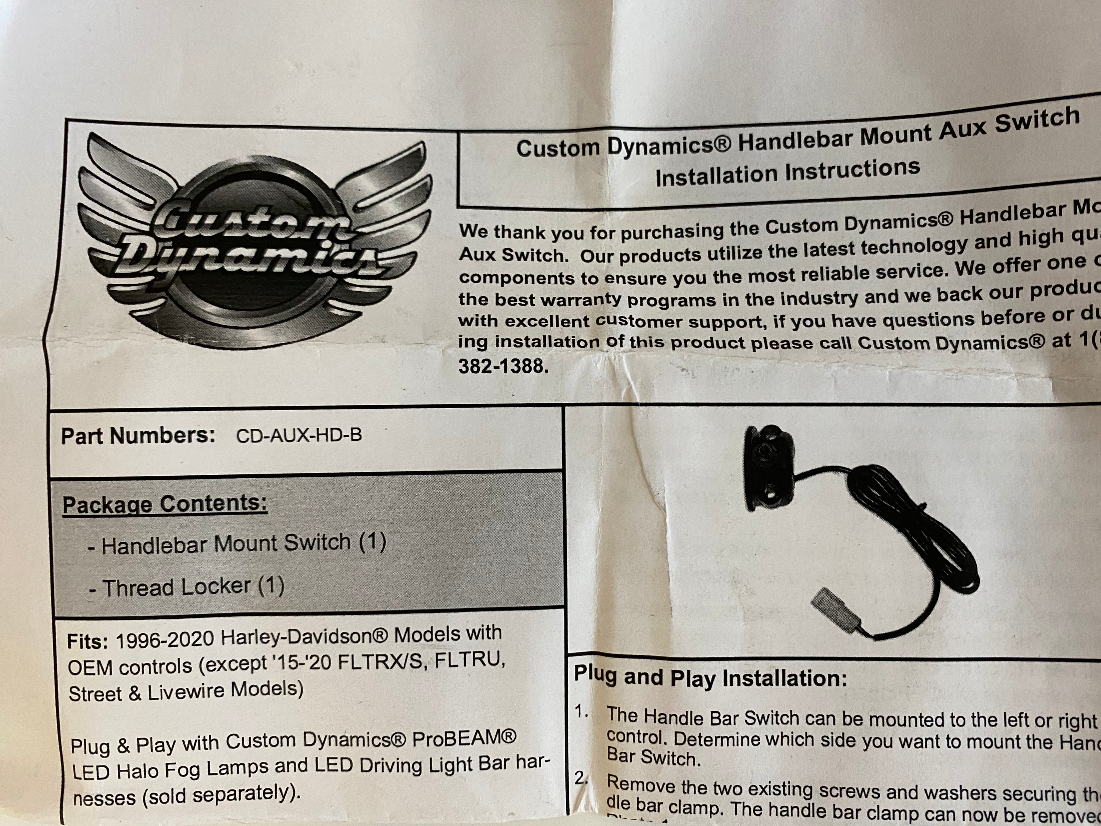 Custom Dynamics Harley Davidson Handlebar Switch On/Off, Drag Specialties P/N 2106-0581
